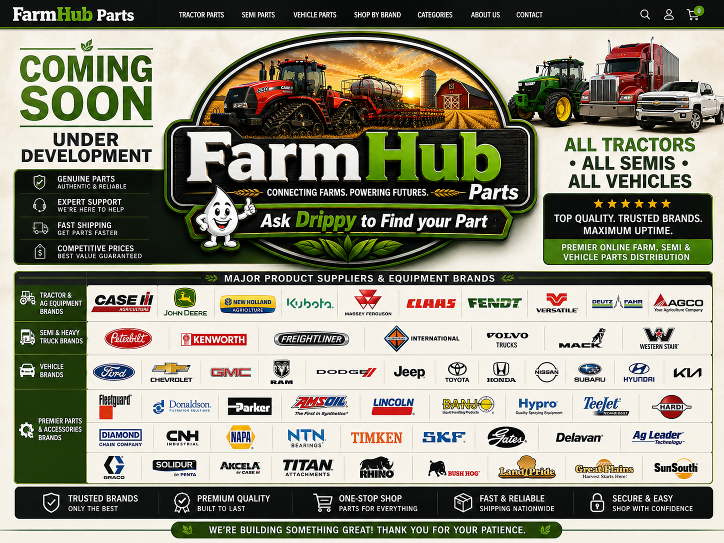 FarmHub Parts coming soon banner with tractors, semis, vehicles, Drippy mascot, and major product supplier logos