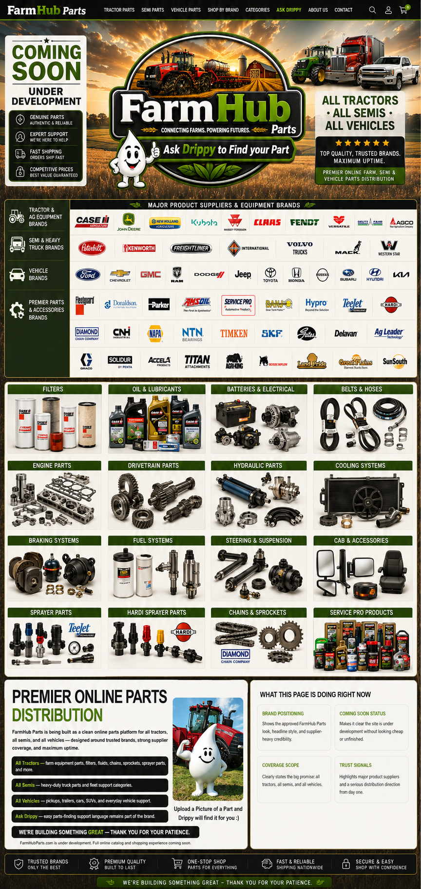 FarmHub Parts coming soon landing page with supplier brands, parts categories, Drippy helper, and under development notice